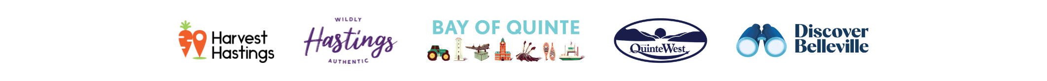 Farms Open Logos. Logos in a row including Harvest Hastings, Hastings County, Bay of Quinte, Quinte West, and Discover Belleville.