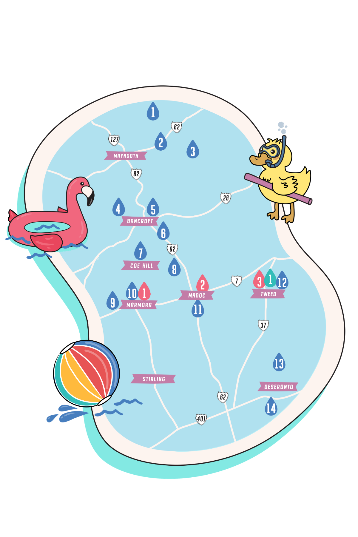 Stylized map of beaches and splash pads. Not an accurate representation