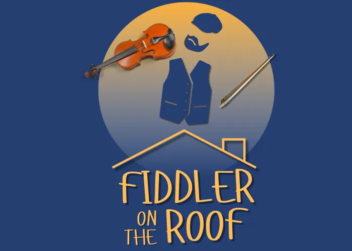 blue background, full moon, fiddler on top of roof, play title