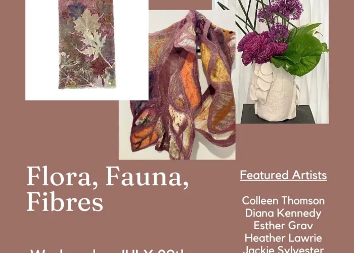 Three photos of art from the exhibit, brown background, white writing providing exhibit info and gallery logo