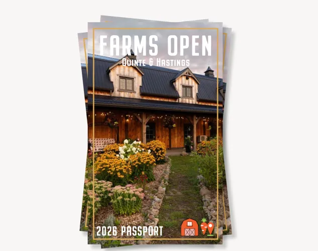 Farms Open 2026 Passport. A beautiful barn with a stone path and flowers out front. 